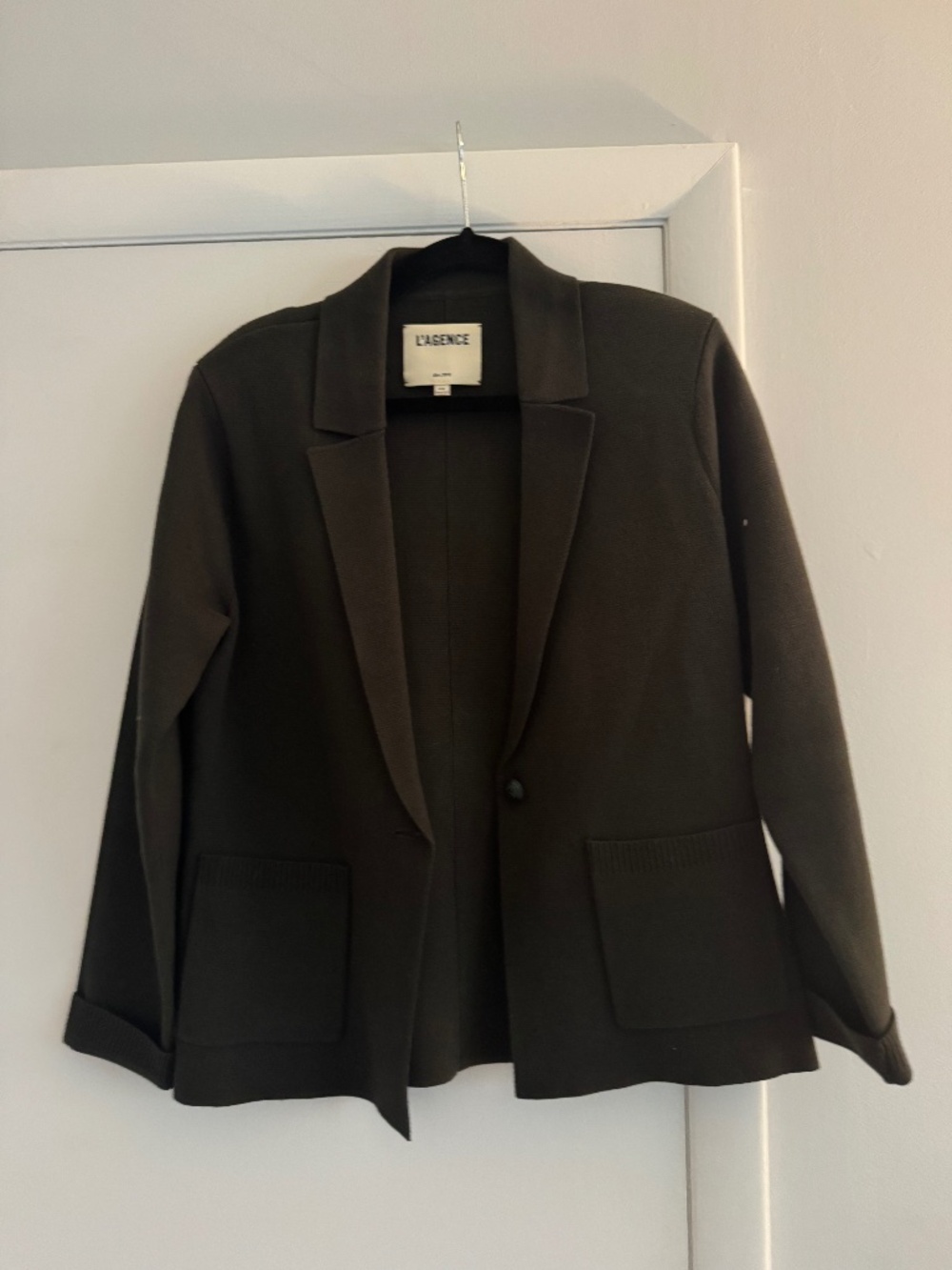 L’AGENCE Army Green Knit Blazer Single Button Patch Pockets Size M